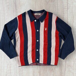 Playboy PacSun Red Blue Striped Knit Polo Sweater Mens L Y2K Retro Streetwear